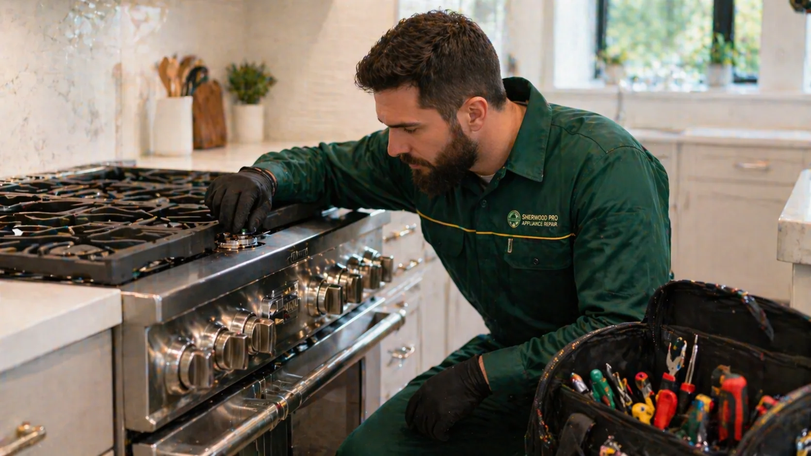 Professional appliance repair technician working on a modern stove