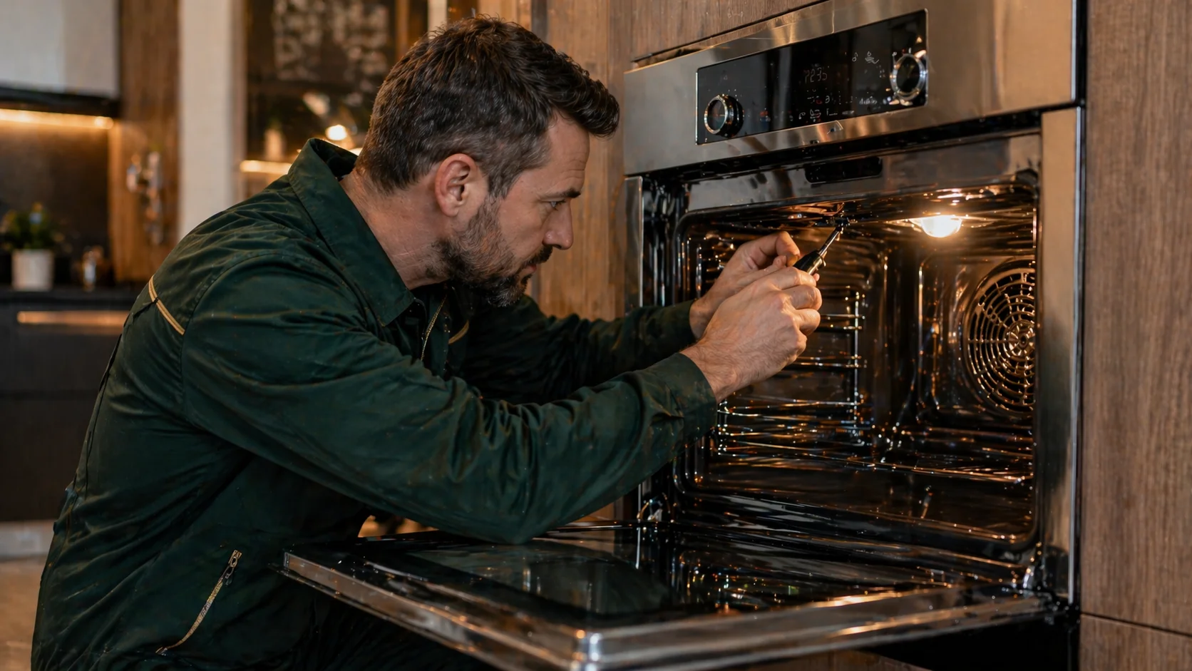 Professional appliance repair technician working on a modern oven